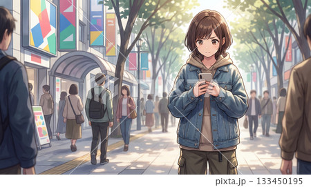 都会の歩道でスマホを使う若い女性のアニメスタイルイラスト 133450195