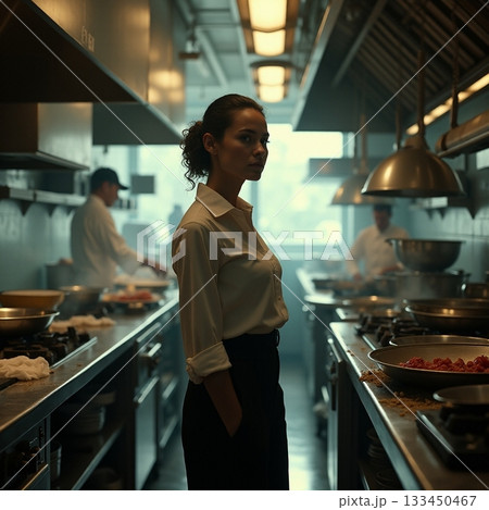 Busy kitchen scene with chefs preparing delicious meals Generative AI 133450467