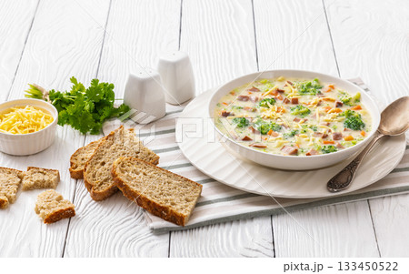 Sausage Vegetable Chowder, tasty thick creamy soup 133450522