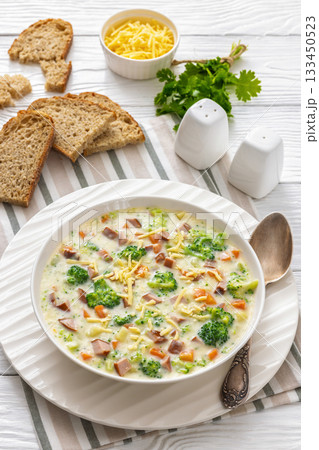 Sausage Vegetable Chowder, tasty thick creamy soup 133450523