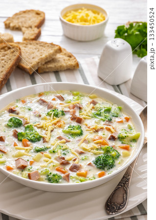 Sausage Vegetable Chowder, tasty thick creamy soup 133450524