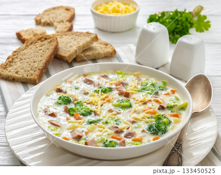 Sausage Vegetable Chowder, tasty thick creamy soup 133450525