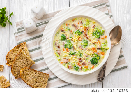 Sausage Vegetable Chowder, tasty thick creamy soup 133450528