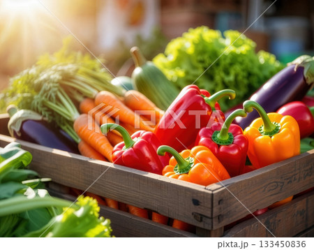 Colorful fresh vegetables in a wooden crate at a local market during the golden hour of the evening Colorful fresh vegetables in a wooden crate at a local market during the golden hour of the evening 133450836