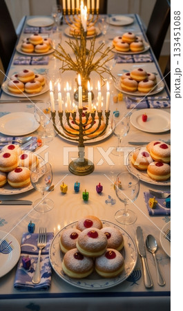 A festive dinner table set for Hanukkah with a lit menorah, sufganiyot, and dreidels. Evokes a warm, traditional family gathering. For holiday greetings or cultural content. 133451088