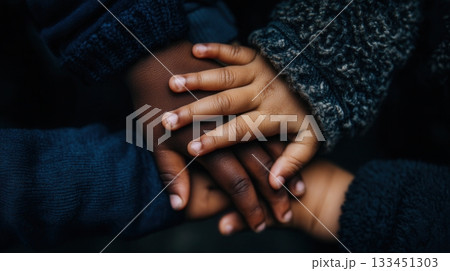 Close-up of two children's hands of different races holding each other. This tender image symbolizes unity, friendship, support, and diversity. Ideal for social campaigns or family themes. Close-up of two children's hands of different races holding each other. This tender image symbolizes unity, friendship, support, and diversity. Ideal for social campaigns or family themes. 133451303