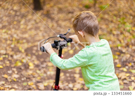 Child Riding Scooter in Autumn Forest with Fallen Leaves 133451660
