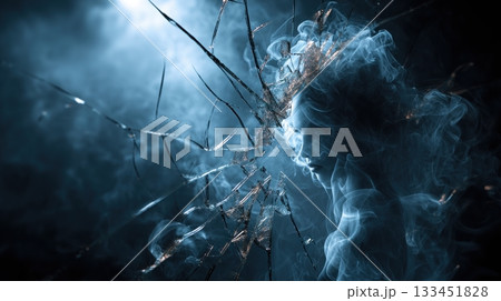 Abstract Smoke Figure Behind Shattered Glass on Dark Background 133451828