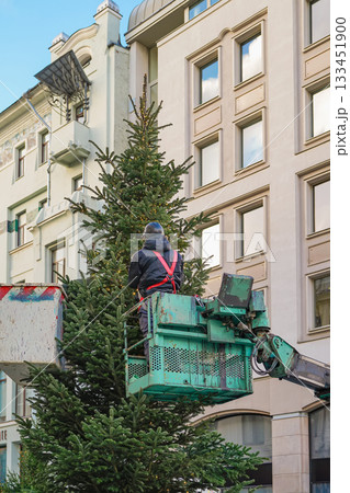 Christmas tree installation, worker on truck crane installing, decorating municipal spruce tree in city for holiday. Worker decorates tall Christmas tree using lift platform. Urban holiday preparation Christmas tree installation, worker on truck crane installing, decorating municipal spruce tree in city for holiday. Worker decorates tall Christmas tree using lift platform. Urban holiday preparation 133451900