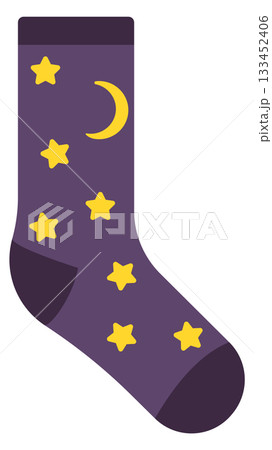A purple sock with stars and a crescent moon on it A purple sock with stars and a crescent moon on it 133452406