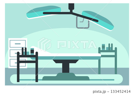 A hospital room with a bed and a surgical table 133452414