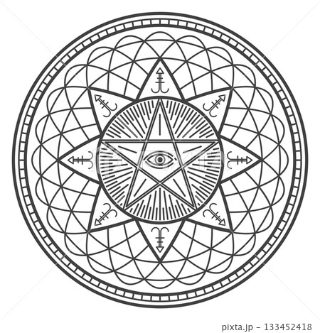 A black and white drawing of a star with a pentagram in the middle A black and white drawing of a star with a pentagram in the middle 133452418