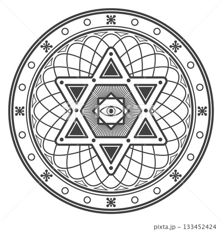 A black and white drawing of a star of david with an eye in the middle A black and white drawing of a star of david with an eye in the middle 133452424