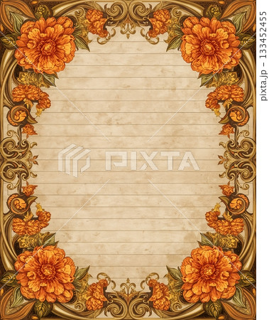 アンティークマリーゴールドの花と金装飾の罫線フレーム アンティークマリーゴールドの花と金装飾の罫線フレーム 133452455