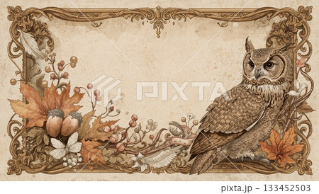 フクロウと木の実の横長ヴィンテージフレーム 133452503