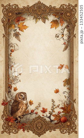 フクロウと紅葉のクラシック装飾フレーム 133452505