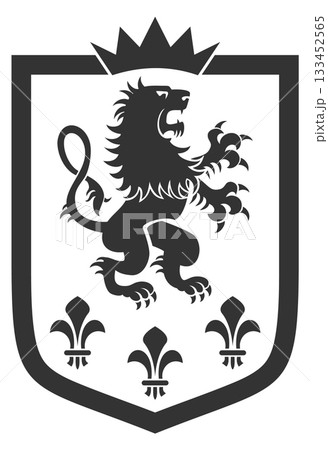 A black and white image of a lion with a crown on its head 133452565