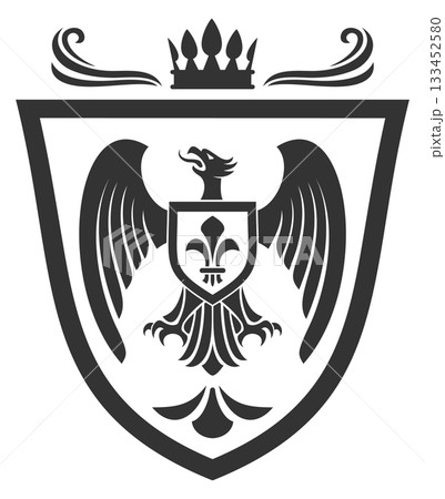 A black and white image of an eagle with a crown on its head 133452580