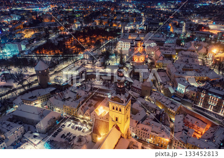 Aerial night View of Tallinn in winter with Alexander Nevsky Cathedral, roofs with snow, Christmas mood Aerial night View of Tallinn in winter with Alexander Nevsky Cathedral, roofs with snow, Christmas mood 133452813
