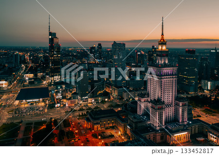 Palace of Science and Culture, Warsaw city center at night 133452817