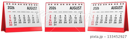 August 2026 desk calendars with red stand. 3D rendering 133452927