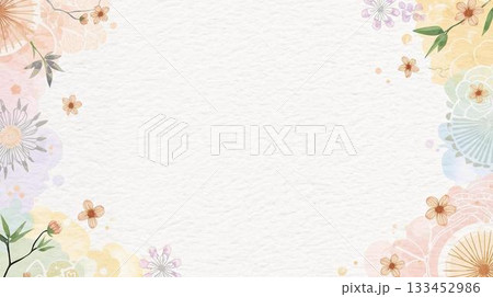 淡いパステルの梅と松竹のやさしい縁取り・お正月水彩背景 133452986