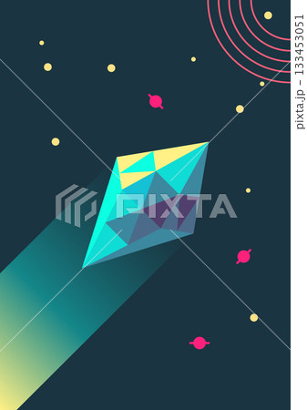 A blue diamond is flying through space with a trail of light behind it A blue diamond is flying through space with a trail of light behind it 133453051