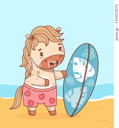 Cute Summer Horse Surfer with Board. Funny poster with Animal Pony kawaii beach character vacation on sandy seashore. Vector illustration. Not AI 133453073