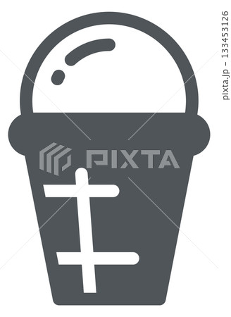 A grey bucket with a white handle and a white cross on it A grey bucket with a white handle and a white cross on it 133453126