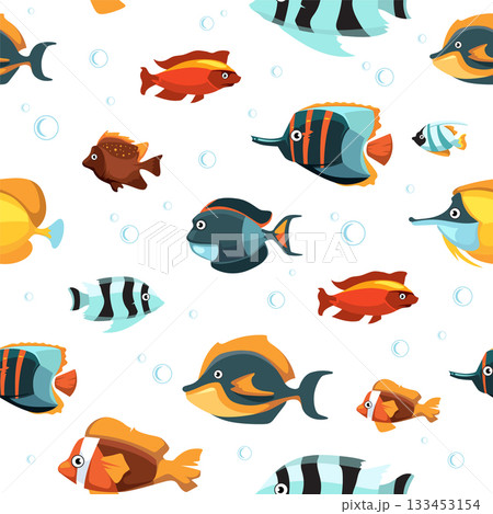 A colorful array of fish swimming in a pattern on a white background A colorful array of fish swimming in a pattern on a white background 133453154