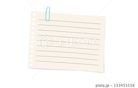 Single white paper note with colorful paper clip. Single white paper note with 3D paper clip. Realistic blank sheet isolated on white background. Vector illustration for office, memo, or stationery 133453158