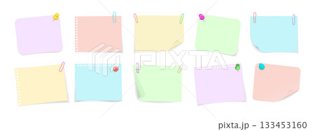 Set of sticky notes with push pins and paper clips. Realistic 3D vector collection of memo papers with curled corners isolated. 133453160