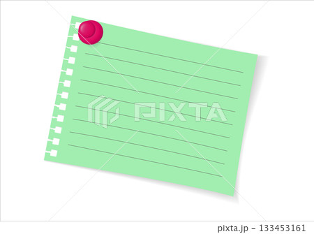 Single paper note with pin. Realistic sticky sheet fastened on white background. Vector illustration for message, reminder, or office design element. 133453161