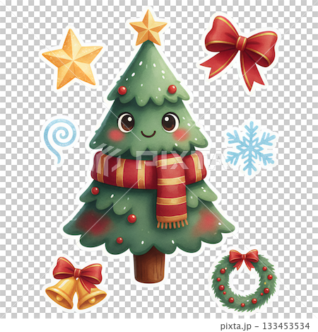 Cute Christmas tree and holiday decorations 133453534