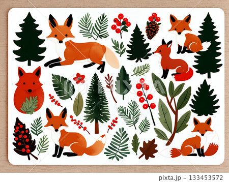 森のキツネと冬のグリーンステッカーセット 133453572