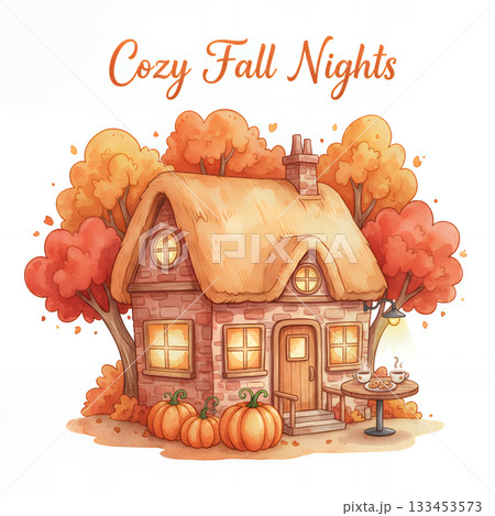 秋の夜のコージーコテージとパンプキン 133453573