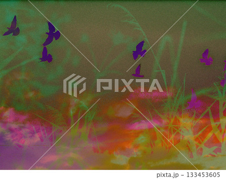Surreal digital artwork with flying birds in neon colors, abstract nature silhouettes, dreamy landscape and vibrant gradients. Modern fantasy design perfect for prints, covers and creative projects. Surreal digital artwork with flying birds in neon colors, abstract nature silhouettes, dreamy landscape and vibrant gradients. Modern fantasy design perfect for prints, covers and creative projects. 133453605