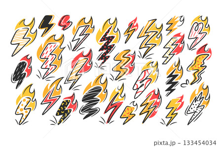 Doodle thunderbolts and lightning bolts comic book powerful element graphic design isolated set 133454034