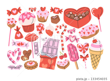 Delicious Valentines day sweets and treats like chocolates, candies, and lollipops hand drawn set 133454035