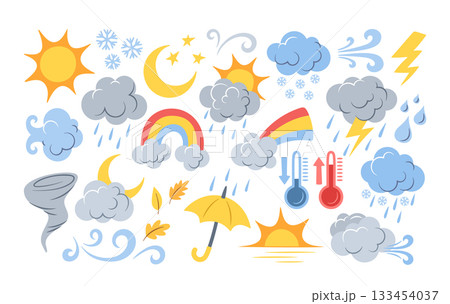 Weather and seasonal conditions forecast meteorological visualizations design elements isolated set 133454037