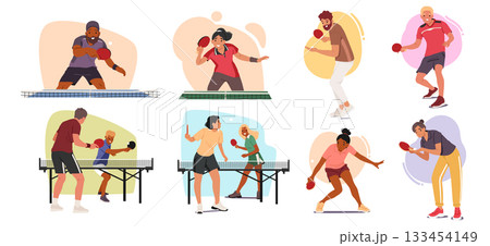 Diverse people characters playing ping pong enjoying table tennis sport competition scene set 133454149
