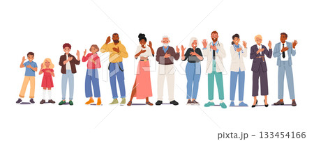 Diverse people cartoon characters of different ages making oath solemn gesture isolated set 133454166