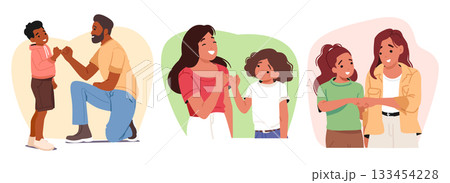 Parents and kids demonstrating pinky promise and fist bump gesture showing family bonding set 133454228