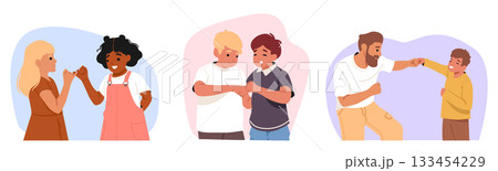 Girls and boys friends, parent and son people characters making pinky promise and fist bump gesture Girls and boys friends, parent and son people characters making pinky promise and fist bump gesture 133454229