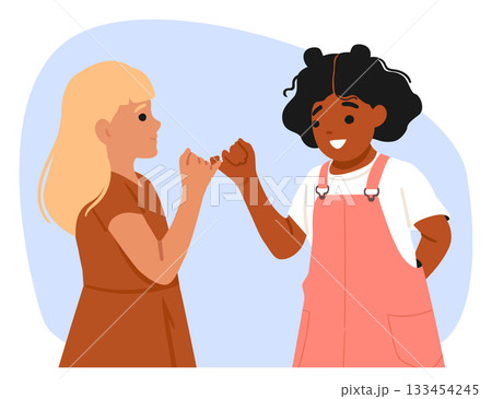 Multiethnic girls friends preschool children characters making pinky promise hand gesture scene Multiethnic girls friends preschool children characters making pinky promise hand gesture scene 133454245