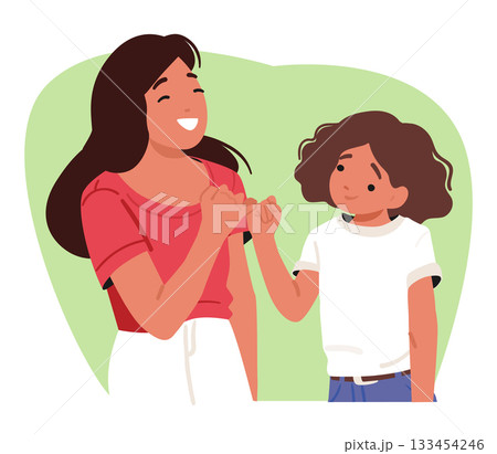 Mother and daughter characters gesturing pinky promise hand sign experiencing reconciliation 133454246