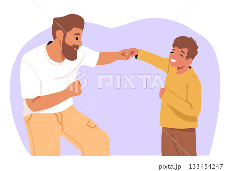 Happy father and son demonstrating fist bump gesture experiencing highly positive relationships Happy father and son demonstrating fist bump gesture experiencing highly positive relationships 133454247