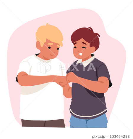 Two schoolboys cartoon characters strengthening friendship with fist bump gesture cartoon scene 133454258
