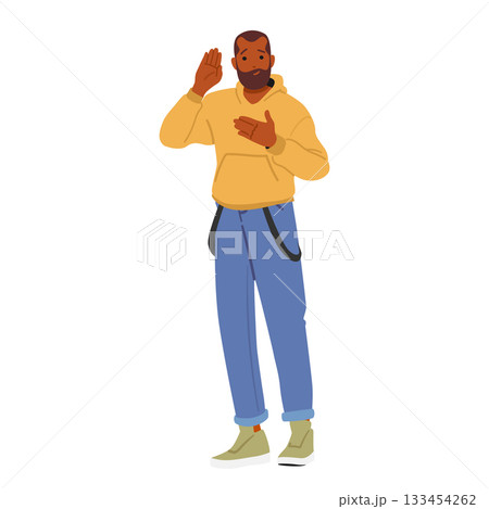 Young handsome guy cartoon character promising with gravity of a spoken pledge full-length portrait Young handsome guy cartoon character promising with gravity of a spoken pledge full-length portrait 133454262