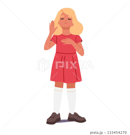 Schoolgirl cartoon character giving oath to tell truth and be honest isolated full-length portrait 133454270